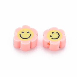 Pink Handmade Polymer Clay Beads, Flower with Smiling Face, Pink, 9~10x8~9x4~5mm, Hole: 1.4~1.6mm