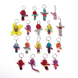 Mixed Color Cotton Thread Keychain, with Iron Key Rings & Ball Chains, Human, Mixed Color, 8.7~13.5cm