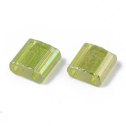 Yellow Green 2-Hole Transparent Glass Seed Beads, AB Colours, Rectangle, Yellow Green, 5x4.5~5.5x2~2.5mm, Hole: 0.5~0.8mm