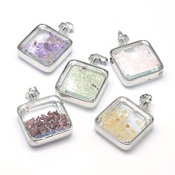 Mixed Stone Mixed Stone Floating Locket Pendants with Glass and Platinum Tone Brass Findings, Perfume Bottle, Cadmium Free & Lead Free, 41x29x12~13mm, Hole: 8x4.5mm