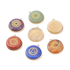 Golden Natural & Synthetic Mixed Stone Pendants, with 304 Stainless Steel Findings, Flat Round with Chakra Pattern, Mixed Dyed and Undyed, Golden, 30x26.5x6mm, Hole: 2mm, 7pcs/set