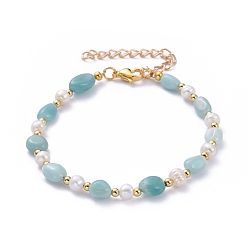 Amazonite Natural Amazonite Beaded Bracelets, with Natural Pearl Beads, Brass Beads and 304 Stainless Steel Lobster Claw Clasps, 9-1/2 inch(24.2cm)