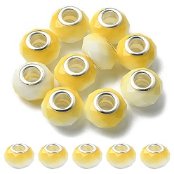 Yellow Glass European Beads, Large Hole Beads, with Silver Tone Brass Double Cores, Faceted Rondelle, Yellow, 14x9mm, Hole: 5mm