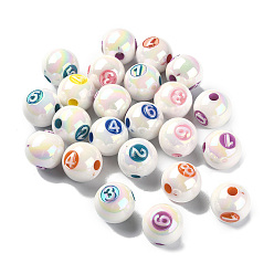 Number Plating Iridescent Acrylic Beads, Round with Number, Number, 15.5x15mm, Hole: 3.8mm