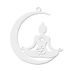 Stainless Steel Color 201 Stainless Steel Pendants, Laser Cut, Moon with Yoga, Stainless Steel Color, 32x29.5x1mm, Hole: 1.6mm