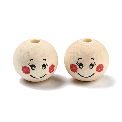 Black Printed Wood European Beads, Wooden Large Hole Round Beads with Smiling Face Print, Undyed, Black, 20x18mm, Hole: 5mm, about 217pcs/500g.
