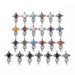 Mixed Stone Gemstone Teardrop Pendants, Key Charms, with Rack Plating Platinum Tone Brass Findings, 46x32x9~10.5mm, Hole: 7x5mm