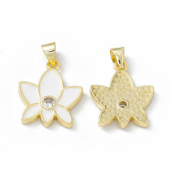 White Rack Plating Brass Enamel Pendants, Micro Pave Clear Cubic Zirconia, Long-Lasting Plated, Lead Free & Cadmium Free, Real 18K Gold Plated, Lotus Charm, White, 19x16x3mm, Hole: 4x3.5mm
