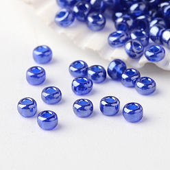 Azul 6/0 calificar unas cuentas redondas de semillas de vidrio, colores transparentes Abrillantado, azul, 4x3 mm, agujero: 1 mm, sobre 4800 unidades / libra