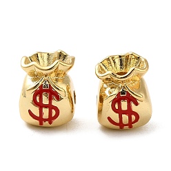 Cerise Rack Plating Real 18K Gold Plated Brass Enamel Beads, Cadmium Free & Lead Free, Money Bag with Dollar Sign, Cerise, 11x9x8.5mm, Hole: 2mm