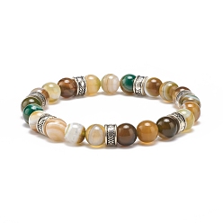Antique Silver Natural Striped Agate Round Beaded Stretch Bracelet, Gemstone Jewelry for Women, Antique Silver, Inner Diameter: 2 inch(5.2cm)