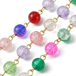 Colorful Crackle Glass Round Beaded Chain, with 304 Stainless Steel Findings, Unwelded, Colorful, 14x8mm, about 3.28 Feet(1m)/Strand