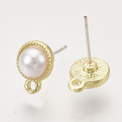 Golden Alloy Stud Earring Findings, with Loop, ABS Plastic Imitation Pearl and Raw(Unplated) Pin, Half Round, Golden, 10x8mm, Hole: 1.4mm, Pin: 0.7mm