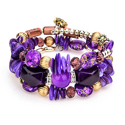 Pourpre Bracelet style wrap à trois boucles en perles d'alliage et de résine, bracelet style bohème pour femme, pourpre, 7-1/8 pouce (18 cm)