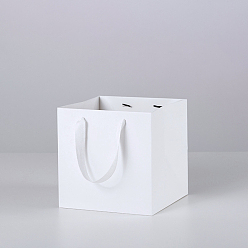 White Solid Color Kraft Paper Gift Bags with Ribbon Handles, for Birthday Wedding Christmas Party Shopping Bags, Square, White, 25x25x25cm