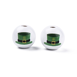 Hat Perles en bois imprimées sur le thème de la saint patrick, ronde, verte, modèle de chapeau, 15.5~16x15mm, Trou: 3.5mm