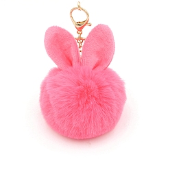 Hot Pink Easter Rabbit Faux Fluffy Ball Pendant Keychains, with Alloy Finding, Hot Pink, 90~100mm