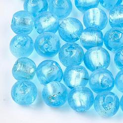 Bleu Ciel Perles en verre de feuille d'argent faites à la main , ronde, bleu ciel, 7.5~8.5mm, Trou: 1mm