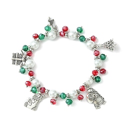 Antique Silver Colorful Glass Beaded Stretch Bracelet, Christmas Sock & Tree & Candy Cane & Gift Alloy Charms Bracelet, Antique Silver, Inner Diameter: 2-3/8 inch(6cm)