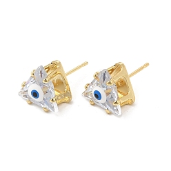 White Triangle Glass with Enamel Evil Eye Stud Earrings, Real 18K Gold Plated Brass Jewelry for Women, White, 10.5x10.5mm, Pin: 0.7mm