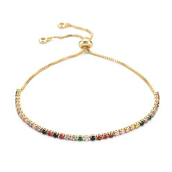 Colorful Cubic Zirconia Tennis Bracelet, Real 18K Gold Plated Brass Slider Bracelet for Women, Nickel Free, Colorful, 10.63 inch(27cm)