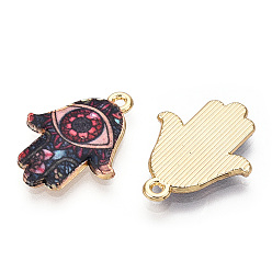 Dark Red Printed Light Gold Tone Alloy Pendants, Hamsa Hand with Eye Charms, Dark Red, 23x18x2mm, Hole: 1.4mm