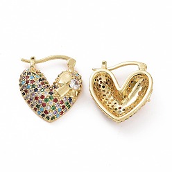 Colorful Cubic Zirconia Heart Thick Hoop Earrings, Golden Brass Jewelry for Woman, Colorful, 22~23x20.5~21x7mm, Pin: 0.8~1.2x0.7~0.8mm