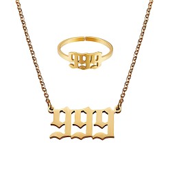 Number Angel Number Pendant Necklace & Open Cuff Ring, Gold Plated 304 Stainless Steel Lucky Numerology Jewelry Set for Women, Num.9, 18.31 inch(46.5cm), US Size 7 3/4(17.9mm)
