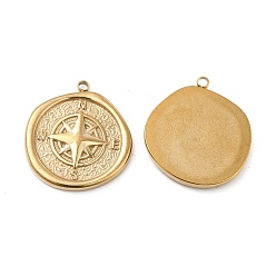 Real 18K Gold Plated Vacuum Plating 201 Stainless Steel Pendants, Flat Round with Compass Charm, Real 18K Gold Plated, 21x19.5x2.5mm, Hole: 1.4mm