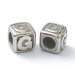 Letter G 304 acier inoxydable perles européennes, Perles avec un grand trou   , trou horizontal, cube avec la lettre, couleur inox, letter.g, 8x8x8mm, Trou: 4mm