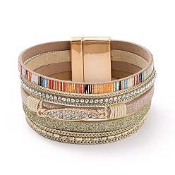 Colorful PU Leather Multi-strand Bracelets, with Alloy Magnetic Clasp and Rhinestone, Oval, Colorful, 7-1/2 inch(19cm), 30mm Wide