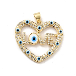 White Rack Plating Brass Micro Pave Clear Cubic Zirconia Pendants, with Enamel, Cadmium Free & Lead Free, Heart with Evil Eye & Word Love, Real 18K Gold Plated, White, 24.5x27x3.8mm, Hole: 3.3x3.7mm
