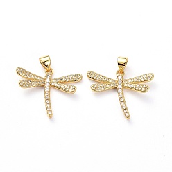Real 18K Gold Plated Brass Micro Pave Clear Cubic Zirconia Pendants, with Jump Ring, Long-Lasting Plated, Dragonfly, Real 18K Gold Plated, 20x24x3mm, Hole: 5x3mm
