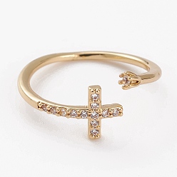 Oro Latón micro pavé claro anillos de brazalete de circonio cúbico, anillos abiertos, larga duración plateado, cruzar, dorado, tamaño de EE. UU. 5, diámetro interior: 16 mm