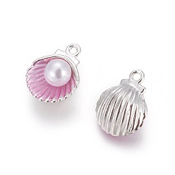 Rose Nacré Pendentifs en émail , avec perles de nacre acrylique, coquille, platine, perle rose, 15x11.5x7mm, Trou: 1.4mm