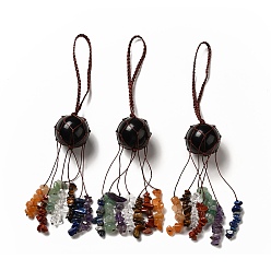 Obsidian Natural Obsidian Round Pendant Decorations, Chakra Gemstone Chips Nylon Cord Hanging Ornament, 205mm
