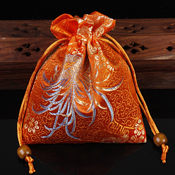 Chocolate Bolsas de embalaje de joyería de satén con estampado de flores de estilo chino, bolsas de regalo con cordón, Rectángulo, chocolate, 14x11 cm