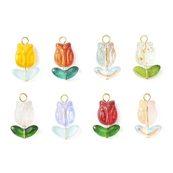 Mixed Color Glass Pendants, with Golden Iron Findings, Tulip Charm, Mixed Color, 22.5~23x14x6.5~7mm, Hole: 2.6mm