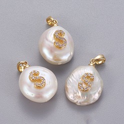 Letter S Natural Cultured Freshwater Pearl Pendants, with Brass Micro Pave Cubic Zirconia Findings, Nuggets with Letter, Long-Lasting Plated, Golden, Clear, Letter.S, 17~27x12~16x6~12mm, Hole: 4x2.5mm