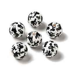 Noir Perles européennes en bois rondes imprimées, thème halloween perles à gros trous, fantôme, noir, 16mm, Trou: 4mm
