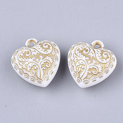 White Plating Acrylic Pendants, Metal Enlaced, Heart, White, 21.5x20.5x11~12mm, Hole: 1.8mm, about 187pcs/500g