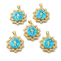 Real 18K Gold Plated Rack Plating Brass Micro Pave Cubic Zirconia with Synthetic Opal Pendants, with Jump Ring, Lead Free & Cadmium Free, Long-Lasting Plated, Flat Round with Cross, Real 18K Gold Plated, 25.5x22.8x4.7mm, Hole: 5x3.6mm