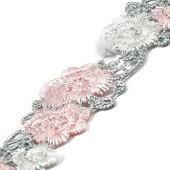 Pink 15 Yards Flower Polyester Lace Ribbon, Flat Floral Lace Trim, for Garment Accessories, Pink, 7/8 inch(22mm)