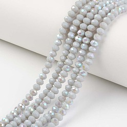 Light Grey Electroplate Opaque Solid Color Glass Beads Strands, Half Rainbow Plated, Faceted, Rondelle, Light Grey, 6x5mm, Hole: 1mm, about 85~88pcs/strand, 16.1~16.5 inch(41~42cm)