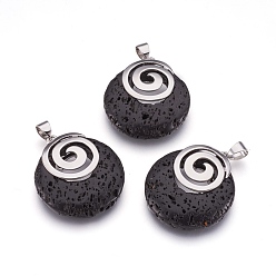 Lava Rock Natural Lava Rock Pendants, with Platinum Tone Brass Findings, Flat Round, 32x28x6mm, Hole: 4x5mm