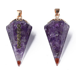 Amethyst Natural Amethyst Chip Pendants, Cone Charm, with Resin and Light Gold Plated Brass Findings, 39x19x19mm, Hole: 3x4mm
