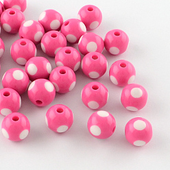 Hot Pink Dot Pattern Opaque Acrylic Beads, Round, Hot Pink, 16x15mm, Hole: 3mm, about 220pcs/500g
