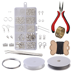 Silver DIY Jewelry Sets, Brass Crimp Beads and Iron Findings, with Tools, Silver Color Plated, 13x6.8x2.1cm