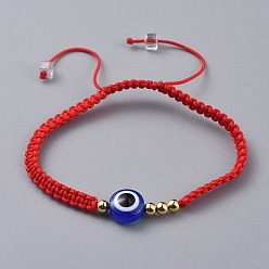 Red Nylon Thread Braided Bead Bracelets, Red String Bracelets, with Evil Eye Resin Beads and Brass Beads, Golden, Red, 2-1/8 inch~3-1/8 inch(5.3~8cm)