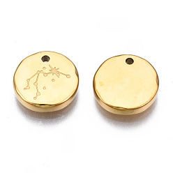 Aquarius 316 Surgical Stainless Steel Charms, Flat Round with Constellation, Real 14K Gold Plated, Aquarius, 10x2mm, Hole: 1mm